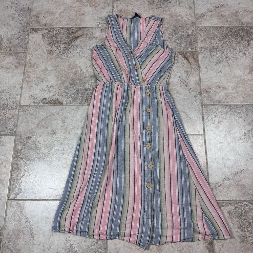 Indigo Rein Midi Dress Womens Large Linen Blend Stripe Halter V Neck Boho Button